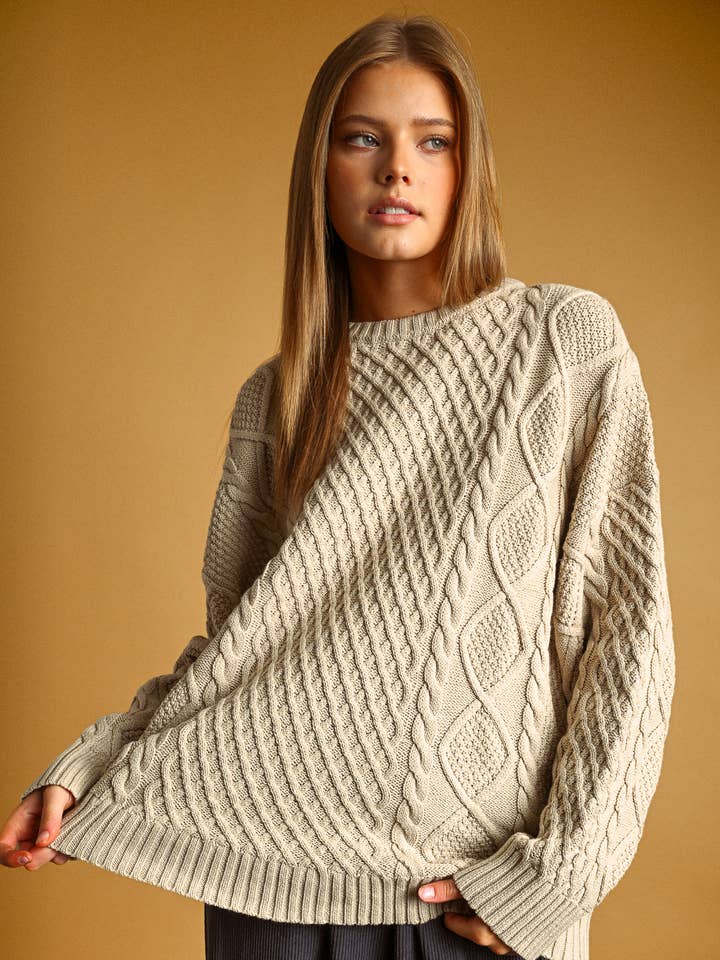 Round Neck Cable Knit Sweater
