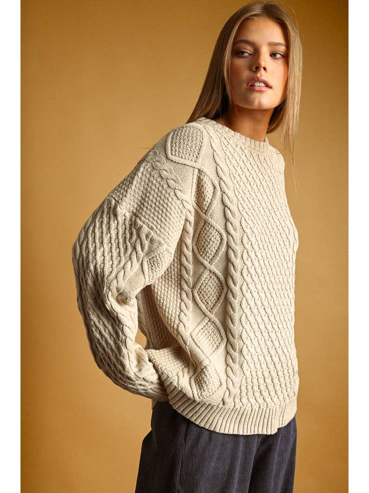Round Neck Cable Knit Sweater
