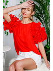 Ruffle Short Sleeve Round Neck Blouse in Red