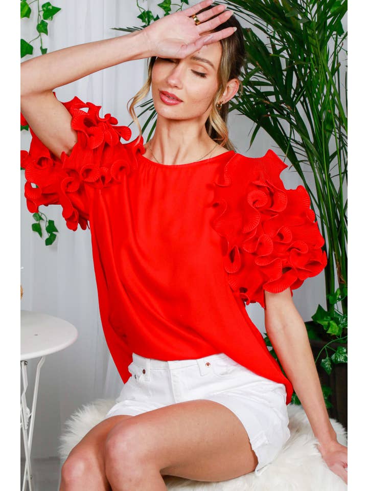 Ruffle Short Sleeve Round Neck Blouse in Red