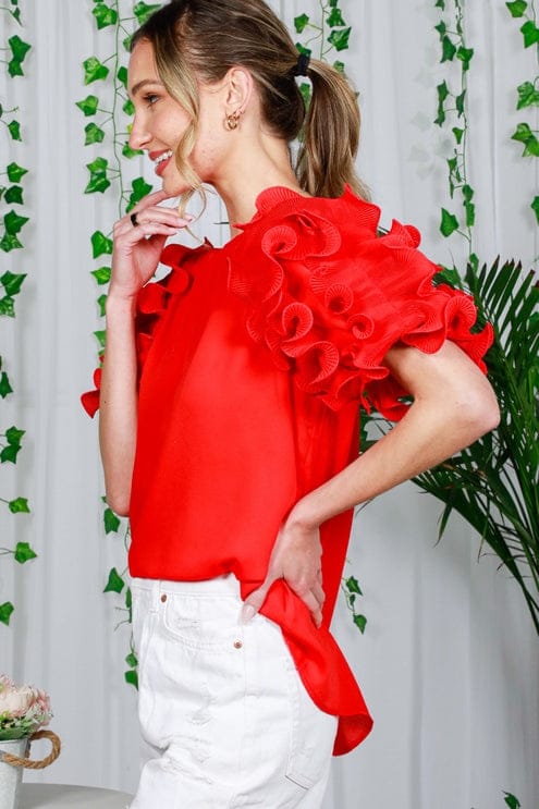 Ruffle Short Sleeve Round Neck Blouse in Red