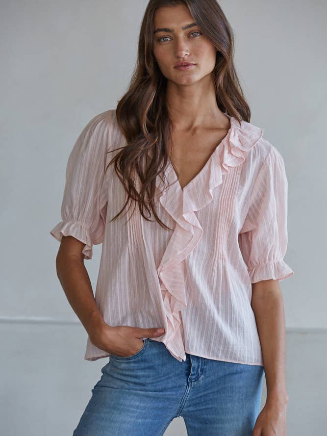 Ruffle Trim V-Neck Button Down Blouse in Baby Pink