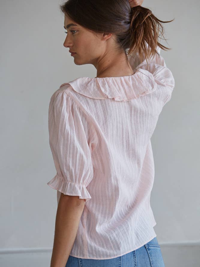 Ruffle Trim V-Neck Button Down Blouse in Baby Pink