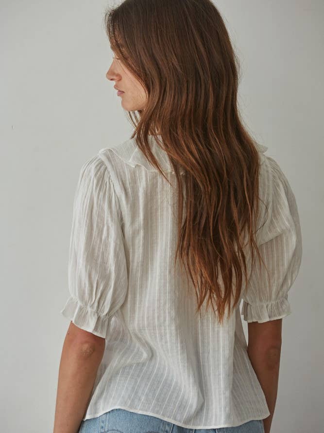 Ruffle Trim V-Neck Button Down Blouse