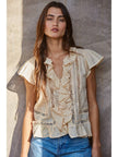 Ruffle V-Neck Flutter Sleeve Blouse with Lace Detail