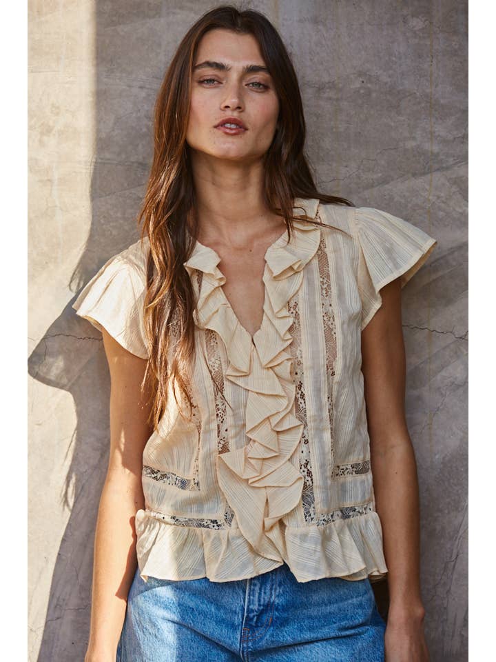Ruffle V-Neck Flutter Sleeve Blouse with Lace Detail