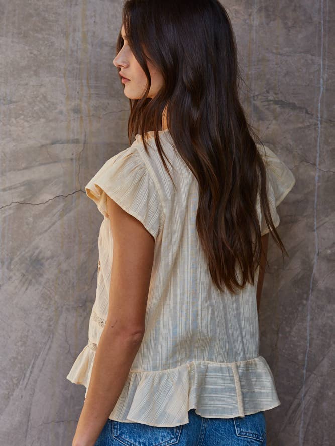 Ruffle V-Neck Flutter Sleeve Blouse with Lace Detail