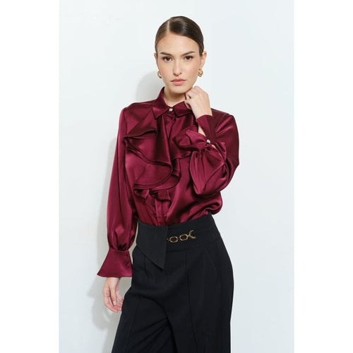 satin wine ruffle button down for holiday