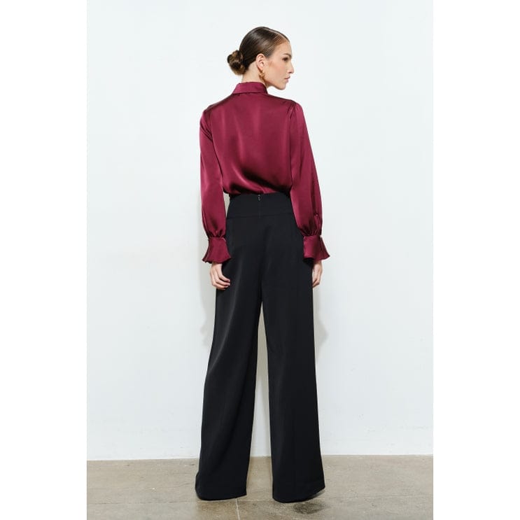 wine satin ruffle button down perfect holiday top