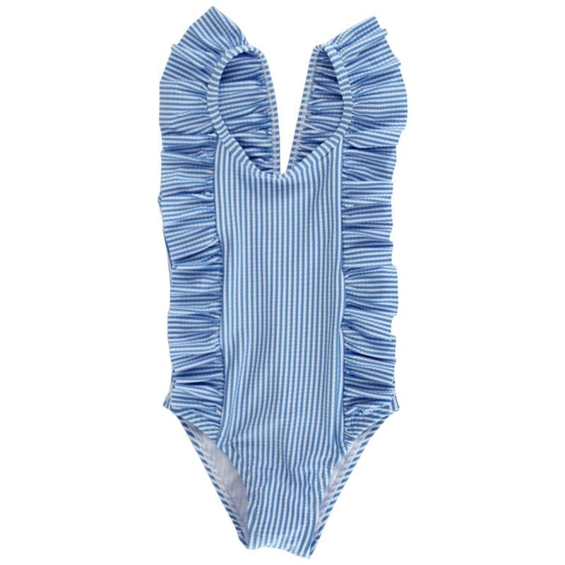 Ruffled Spandex Swimsuit in Blue Seersucker/
\
