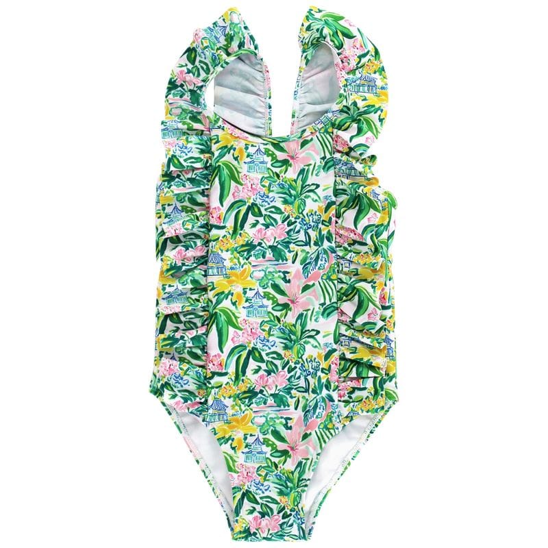 Ruffled Spandex Swimsuit in Pagoda Gardens