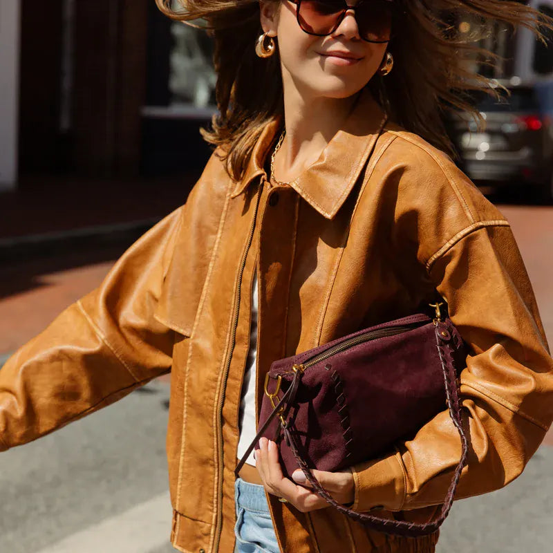 Hobo Darcy Shoulder Bag in Suede Leather - Dark Cherry