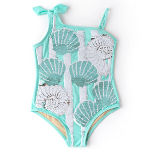 Shade Critters Shade Critters Mint Shells Girls Flip Sequin One Shoulder One Piece Swimsuit - Little Miss Muffin Children & Home