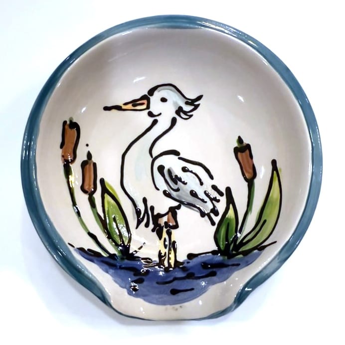 Magnolia Creative Co Swamp Spoon Rest, hand-painted egret, cypress trees and Spanish moss