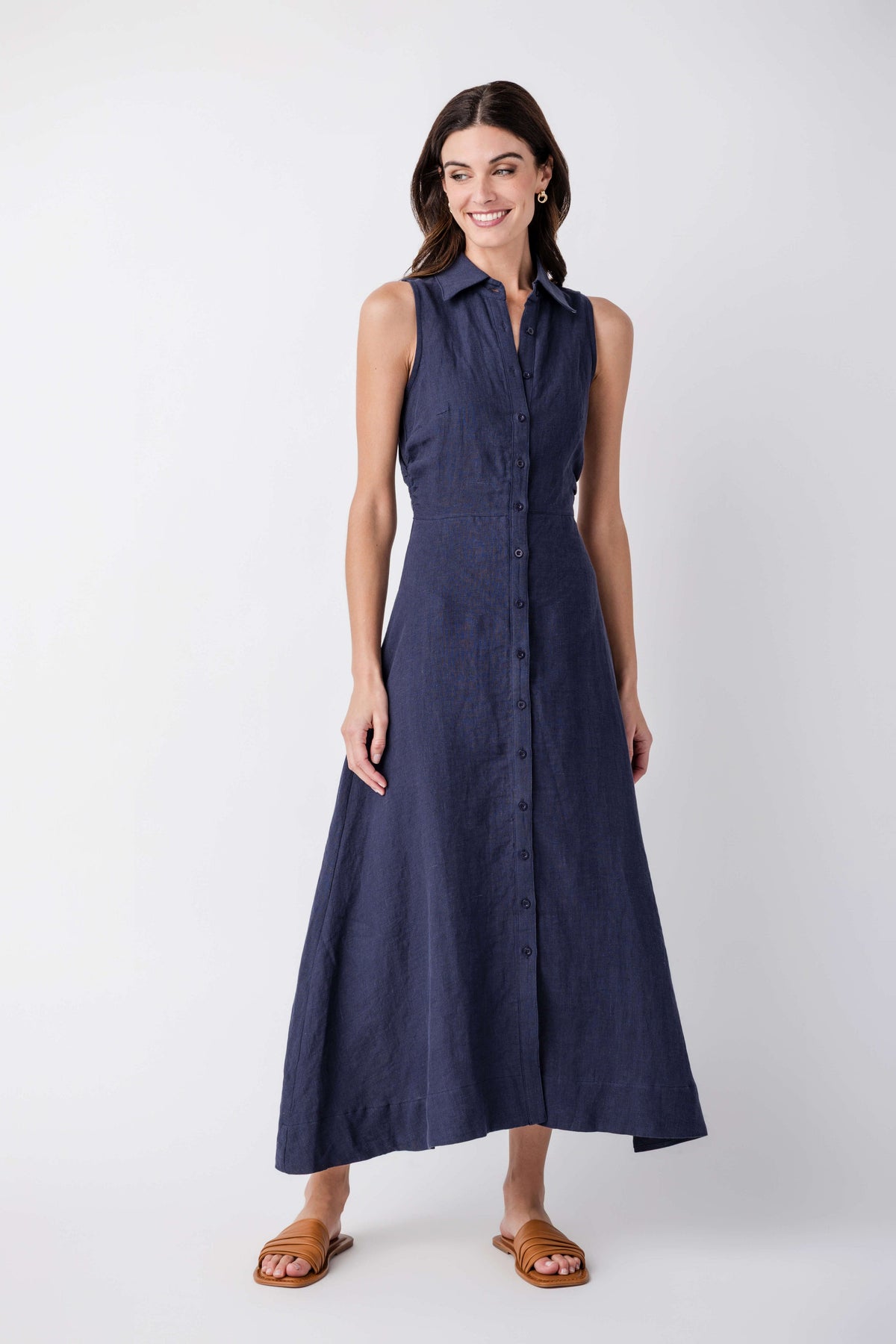 Aimme Button-Front Linen Maxi Dress
