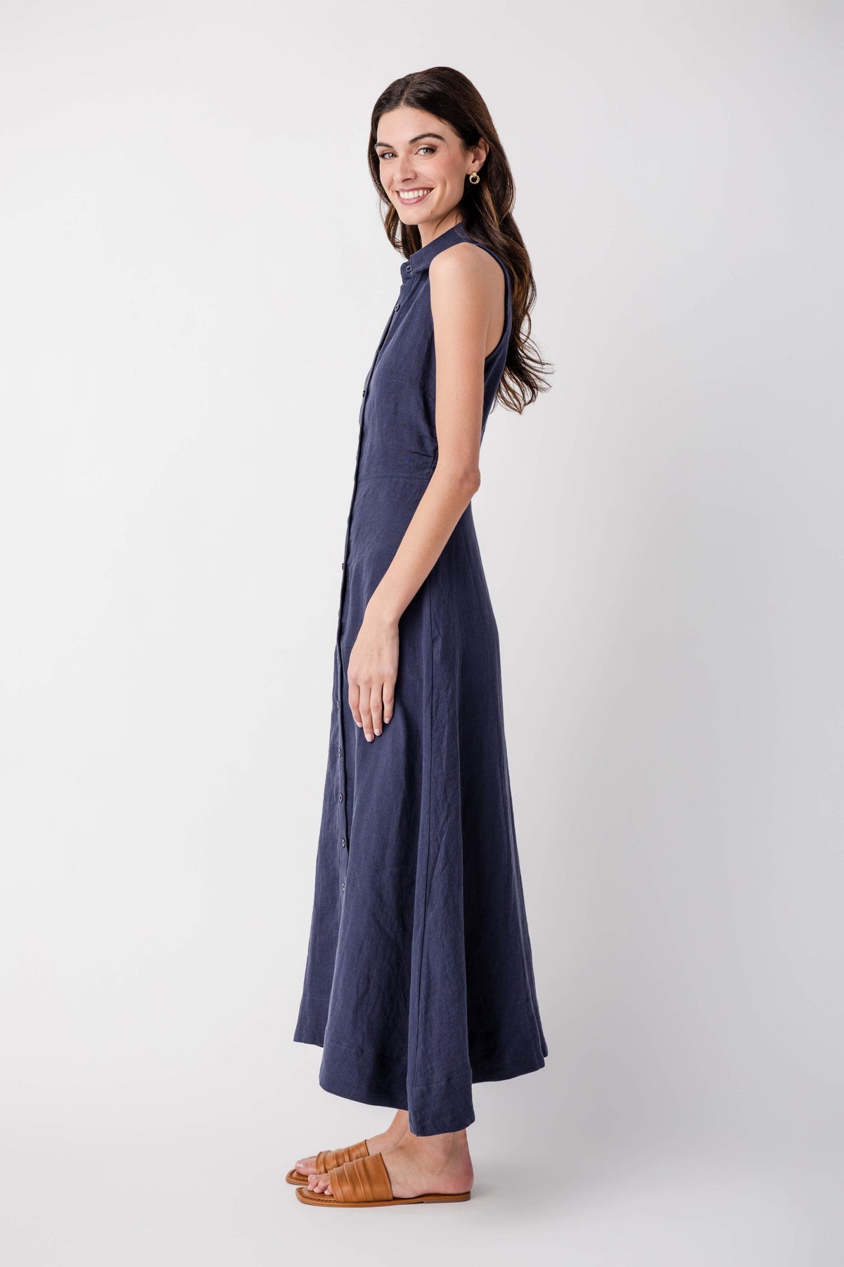 Aimme Button-Front Linen Maxi Dress