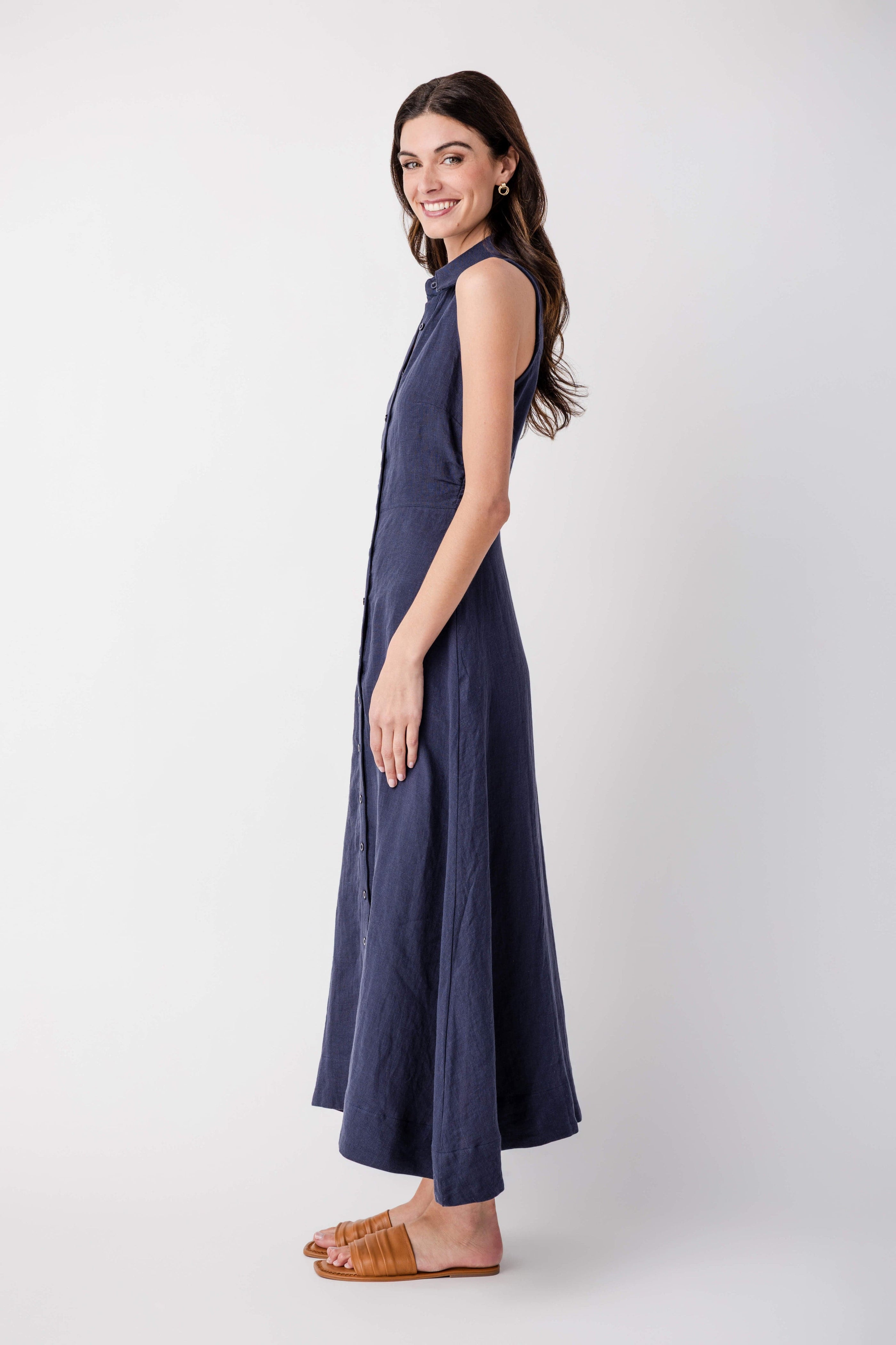 Aimme Button-Front Linen Maxi Dress in Navy