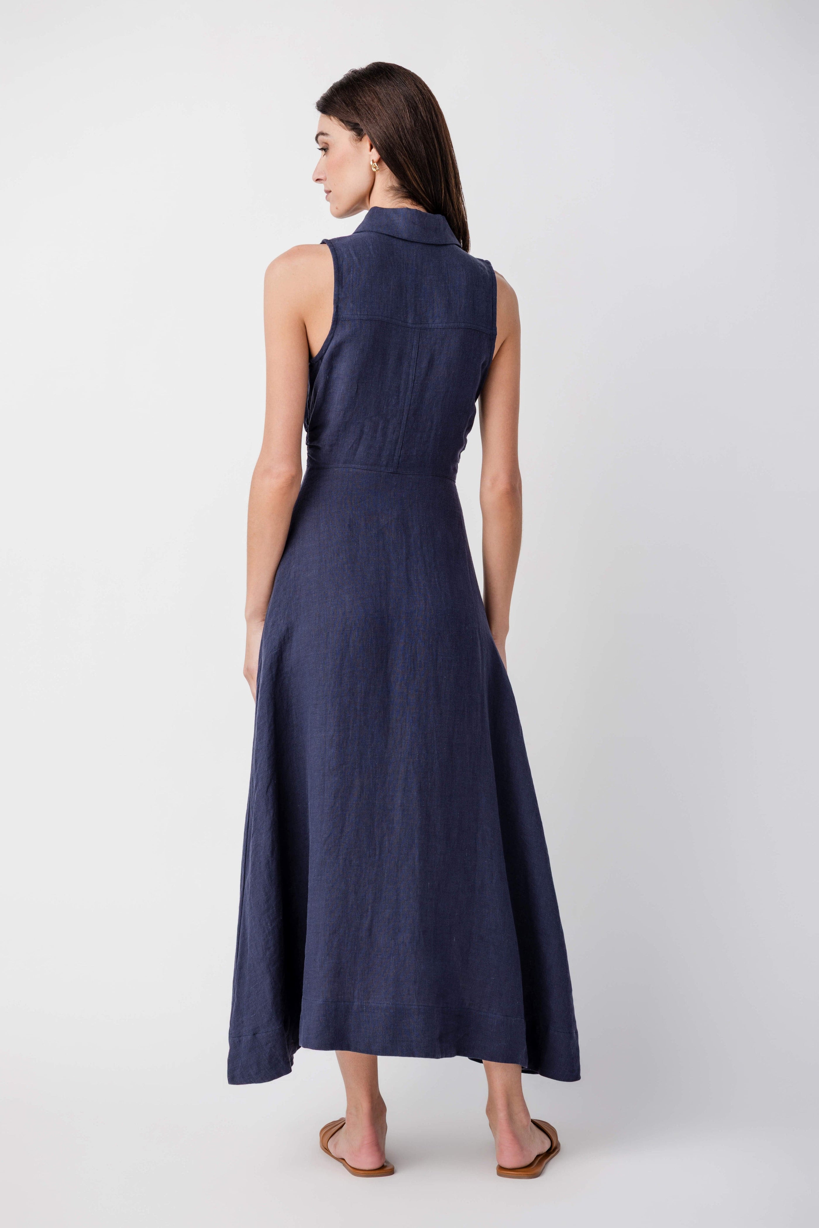 Aimme Button-Front Linen Maxi Dress in Navy