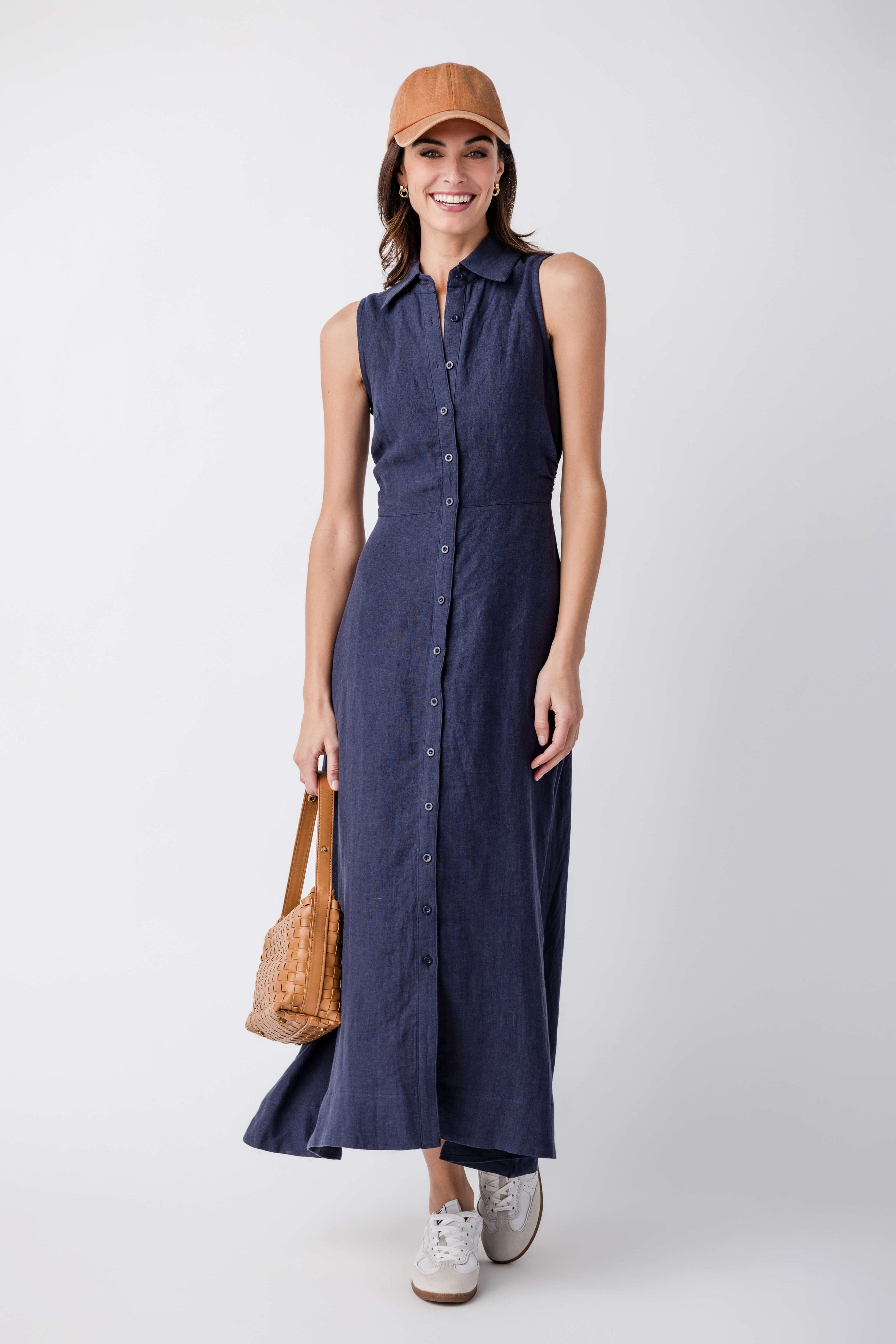 Aimme Button-Front Linen Maxi Dress in Navy