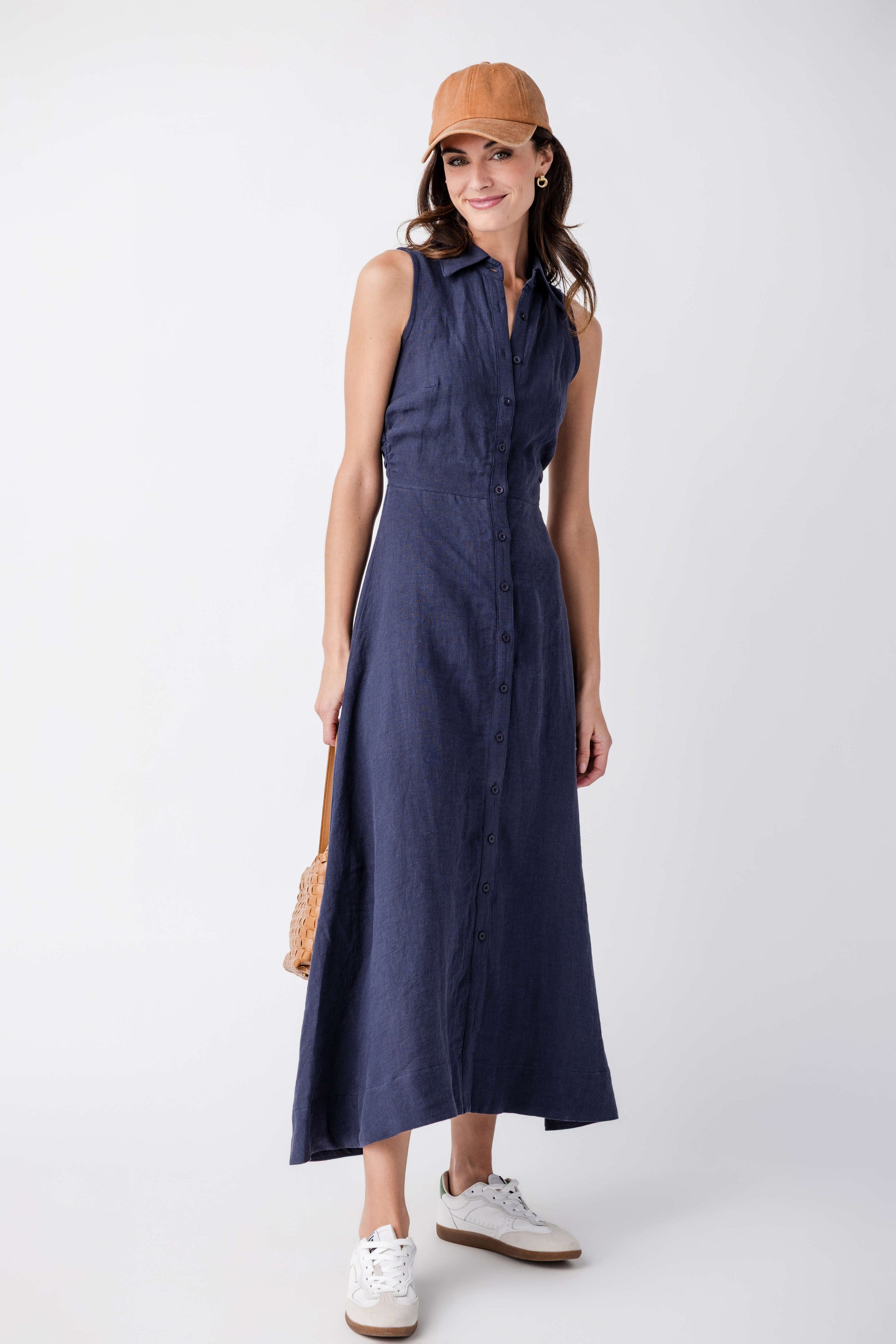 Aimme Button-Front Linen Maxi Dress in Navy