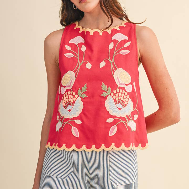 Scalloped Tank with Floral Embroidery