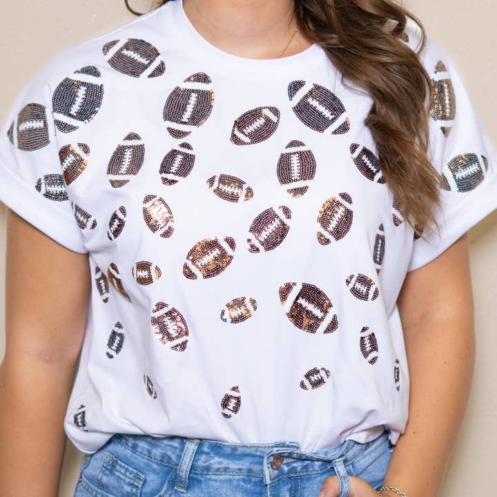 Scattered Football Women's Sequin Design White Cuff Sleeve
