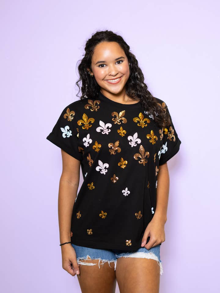Scattered Mini Sequin Fleur de Lis Cuff Sleeve Tee