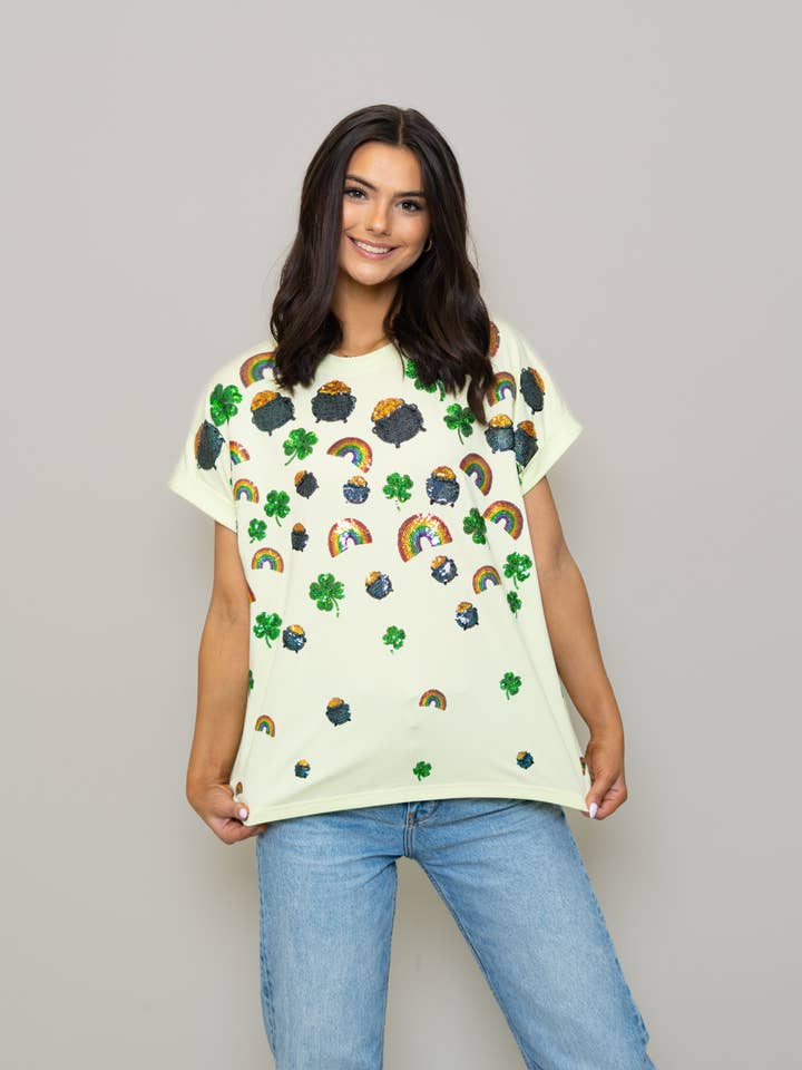 Scattered St Patty Lucky Charms Sequin Cuff Sleeve Tee