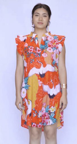 Flutter Sleeve Tropical Print Shift Dress
