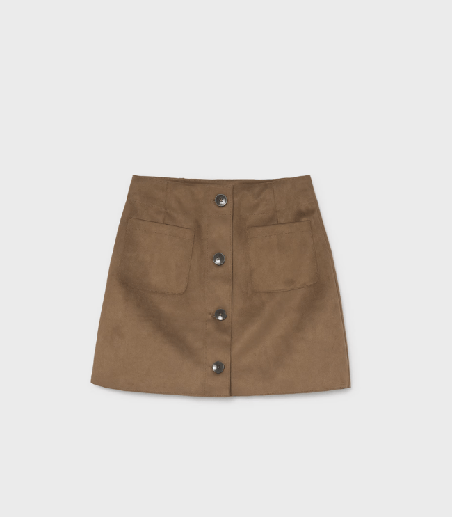 Faux Suede Button Front Skirt with Patch Pockets