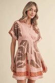 Pleated Waist Tropical Print Button Down Mini Dress