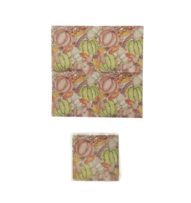 Paper Cocktail Napkins with Pumpkins, Leaves & Acorns (Contains 50 Folded Pieces)