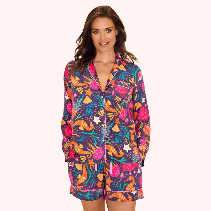 womens two piece pajama set with seashells

