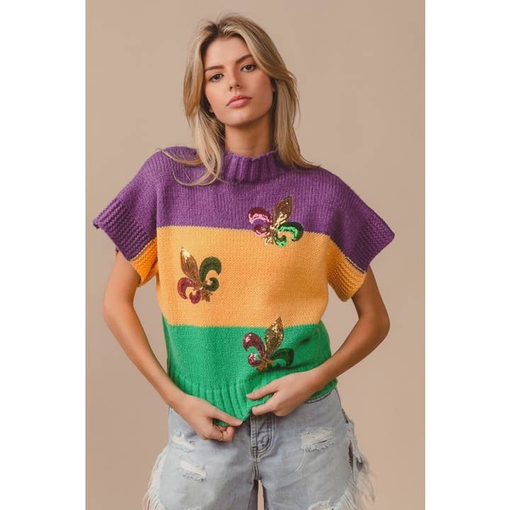 Sequin Fleur De Lis Mardi Gras Color Block Short Sleeve Sweater