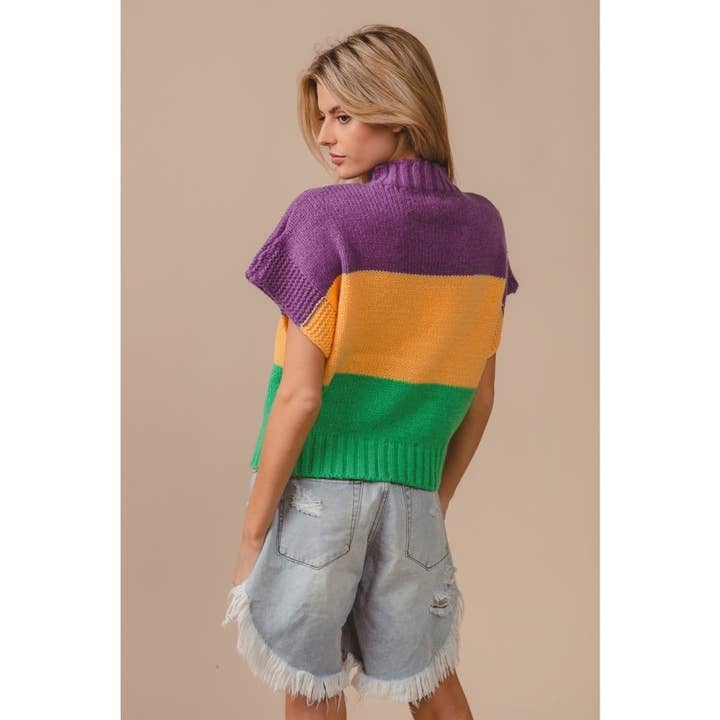 Sequin Fleur De Lis Mardi Gras Color Block Short Sleeve Sweater
