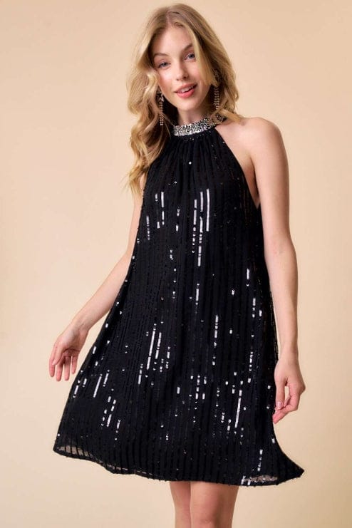 Sequin Halter Mini Dress in Black