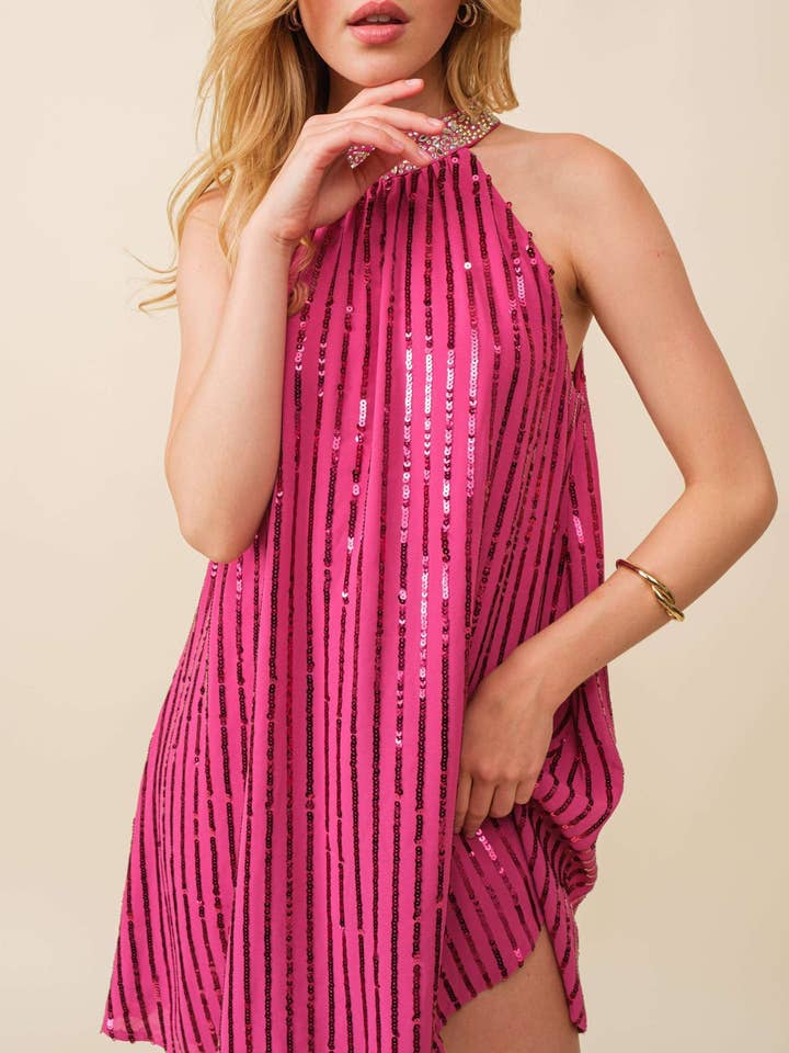 Sequin Halter Mini Dress in Fuchsia