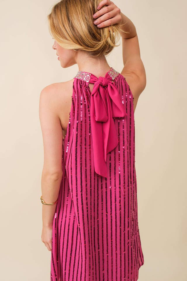 Sequin Halter Mini Dress in Fuchsia