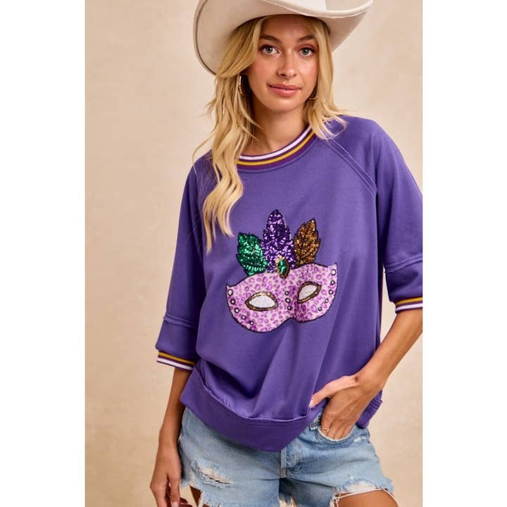 Sequin Mardi Gras Mask Oversized Short Sleeve Top