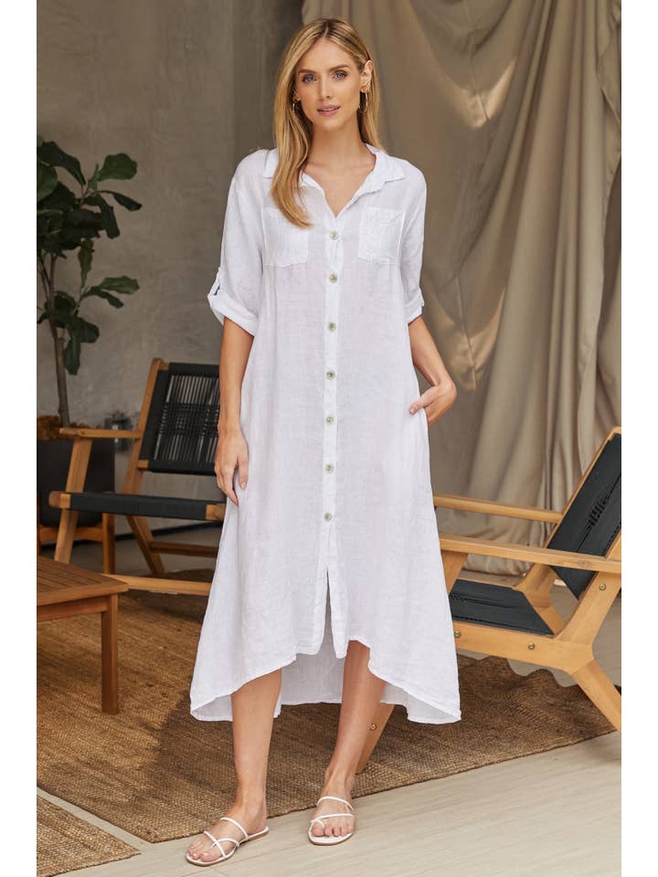 Sequin Patch Pocket Button Down Linen Shirt Dress