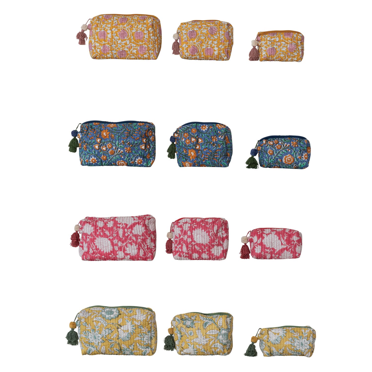 Set of 3 Floral Pattern Quilted Cotton Voile Block Zip Pouches with Interior Lining, 4 Available Colors