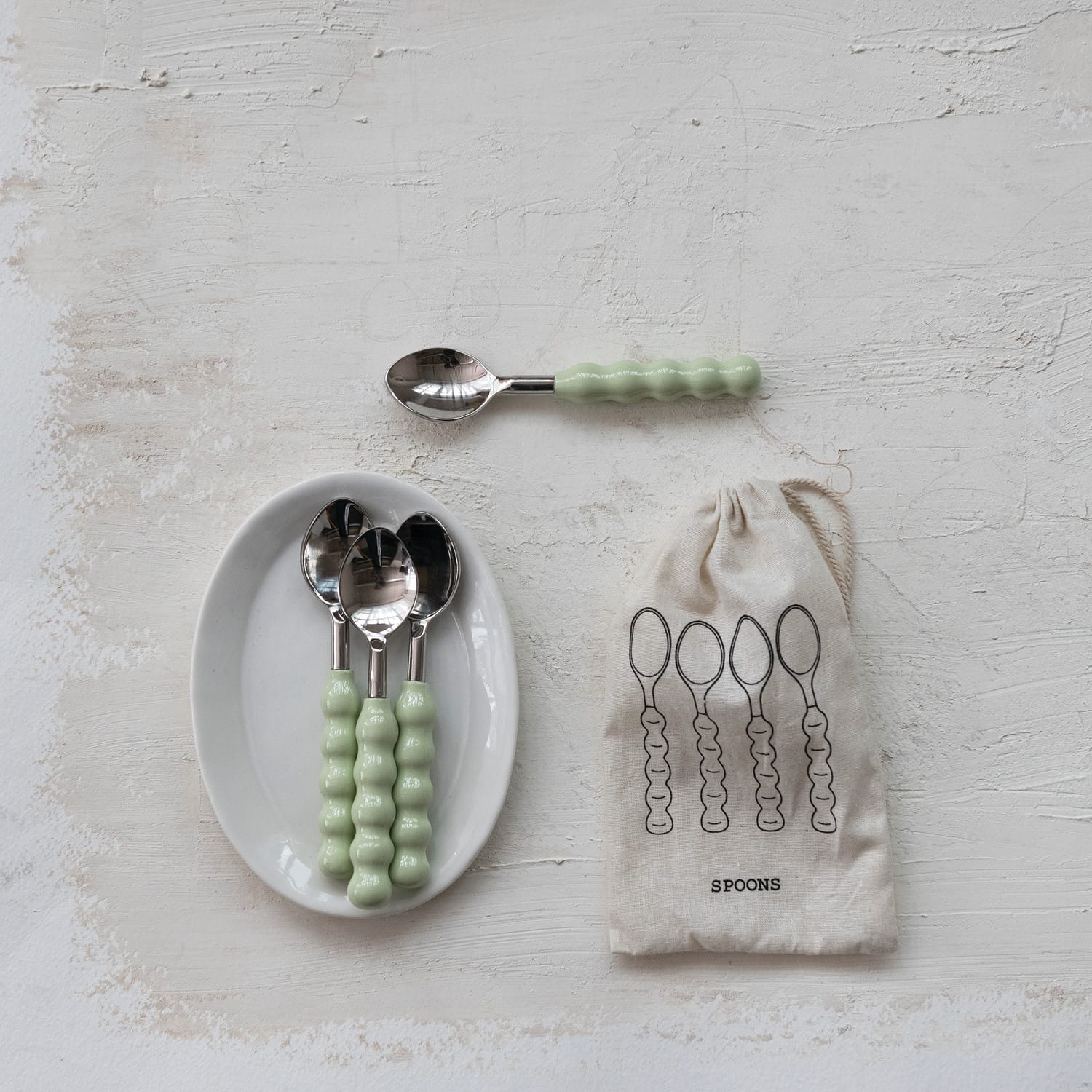 Set of 4 Stainless Steel & Aluminum Spoons with Mint Enameled Handles