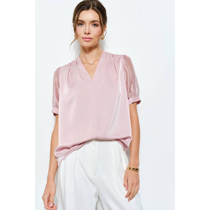 Sheer Sleeve Satin V-Neck Blouse