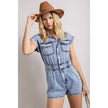 Short Sleeve Button Front Light Weight Denim Romper