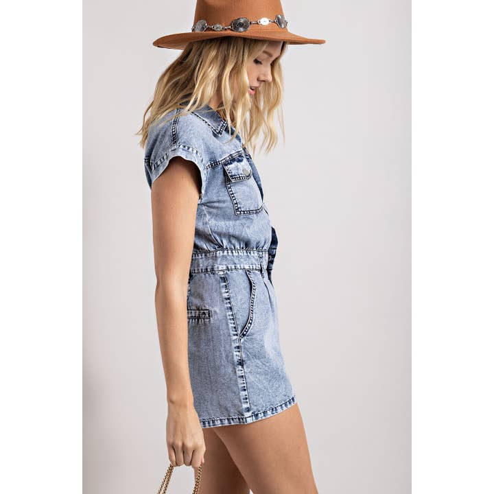 Short Sleeve Button Front Light Weight Denim Romper
