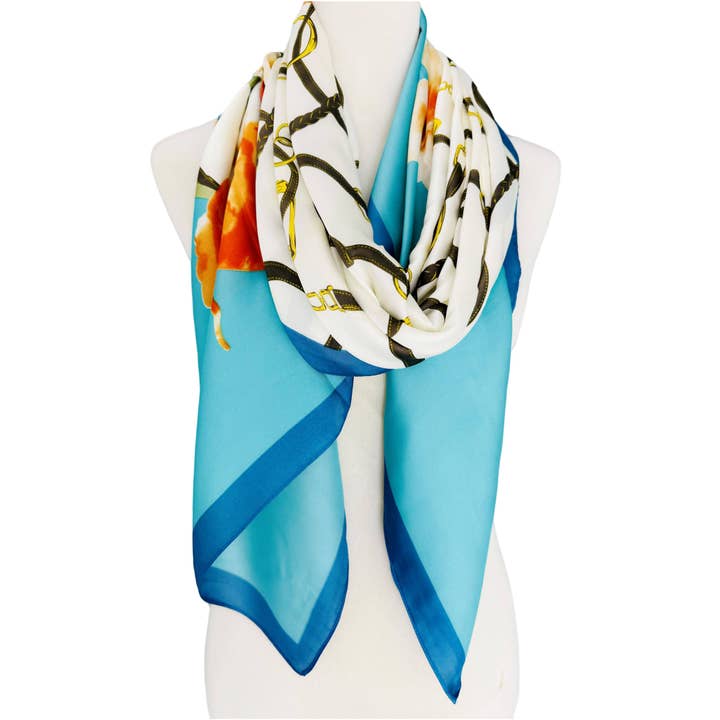 Silky Aqua Creamy Chain & Floral Scarf