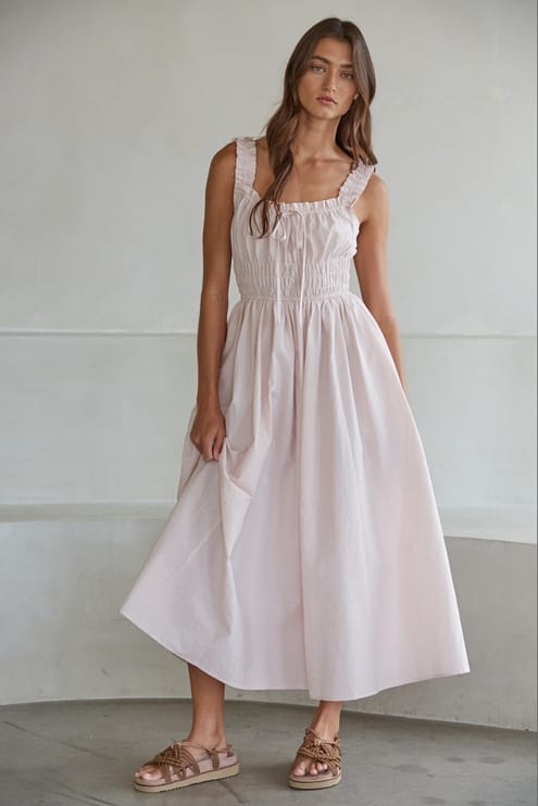 Smocked Waist Square Neck Dress in Blush