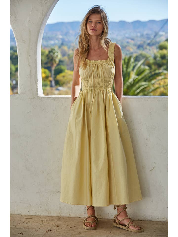 Smocked Waist Square Neck Dress in Yellow