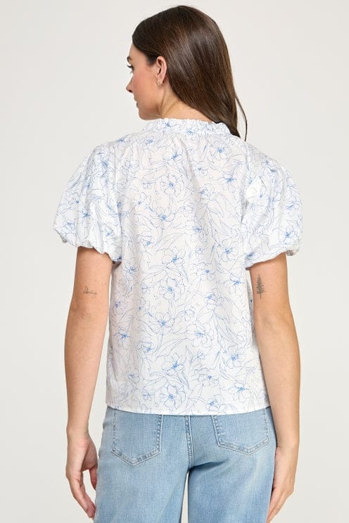 Split Neck Puff Sleeve Floral Blouse