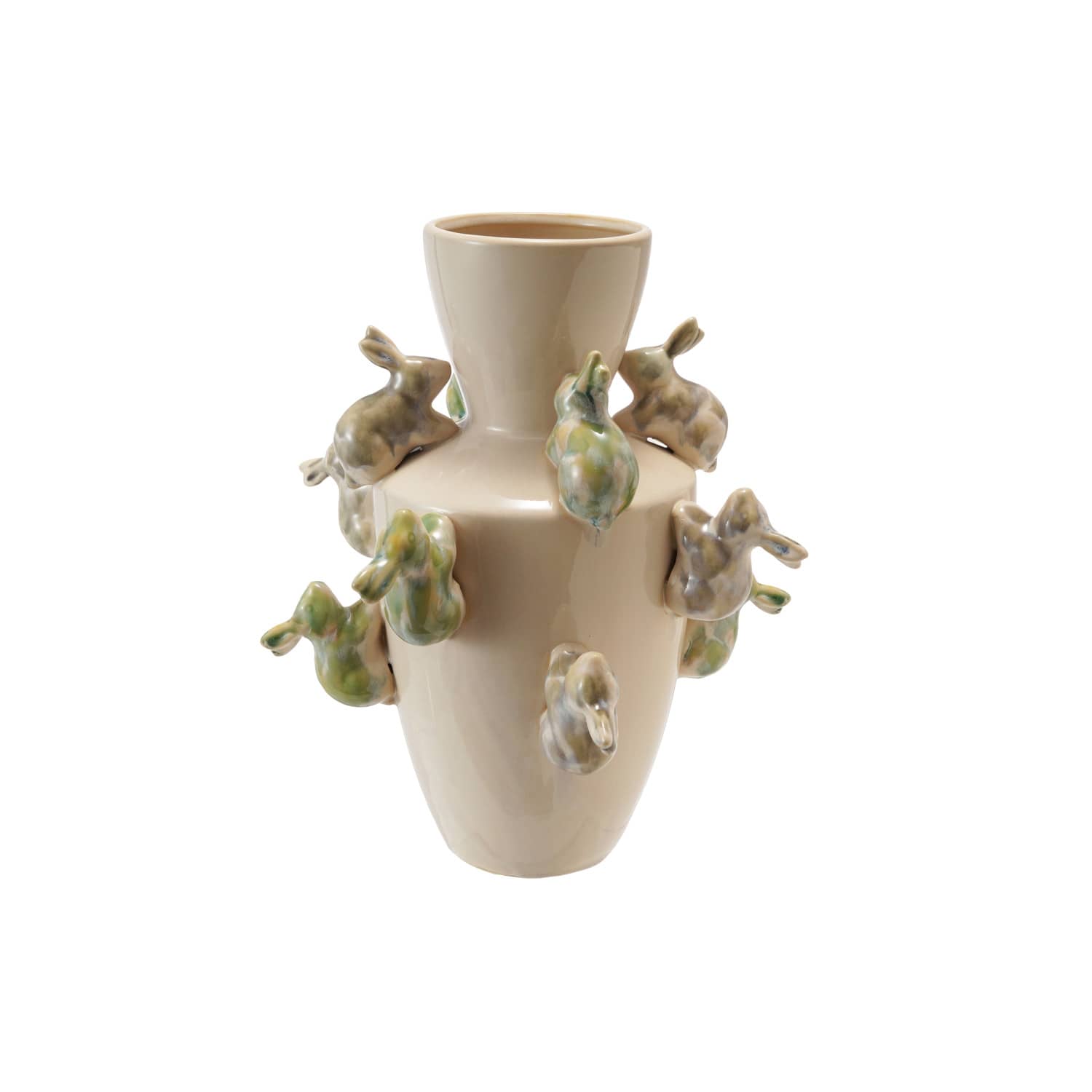 Stoneware Vase with 3D Rabbits, Reactive Glaze (Each One Will Vary)